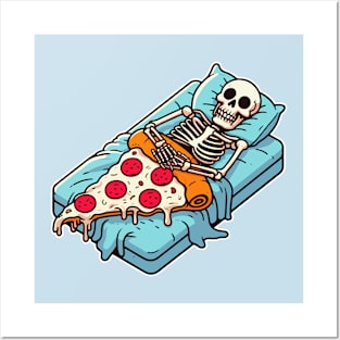 Skeleton sleeps covered by Pizza. Posters and Art